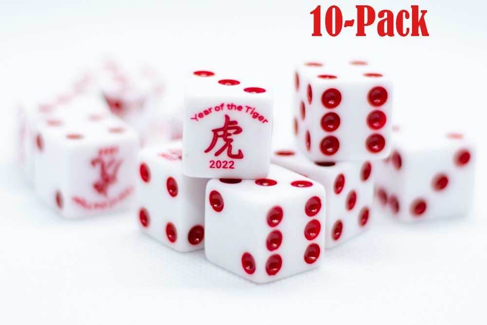 10-Pack Year of the Tiger Opaque White w/Red 16mm d6 Dice on the '1' side - 