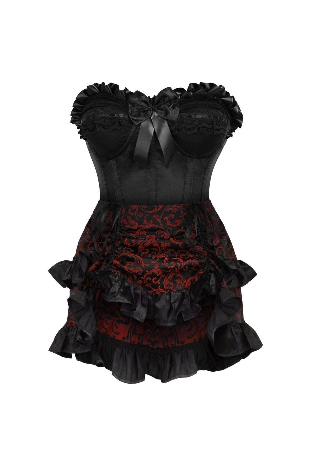 Top Drawer 2 PC Black Satin Steel Boned Burlesque Corset & Gold Brocade Skirt Set