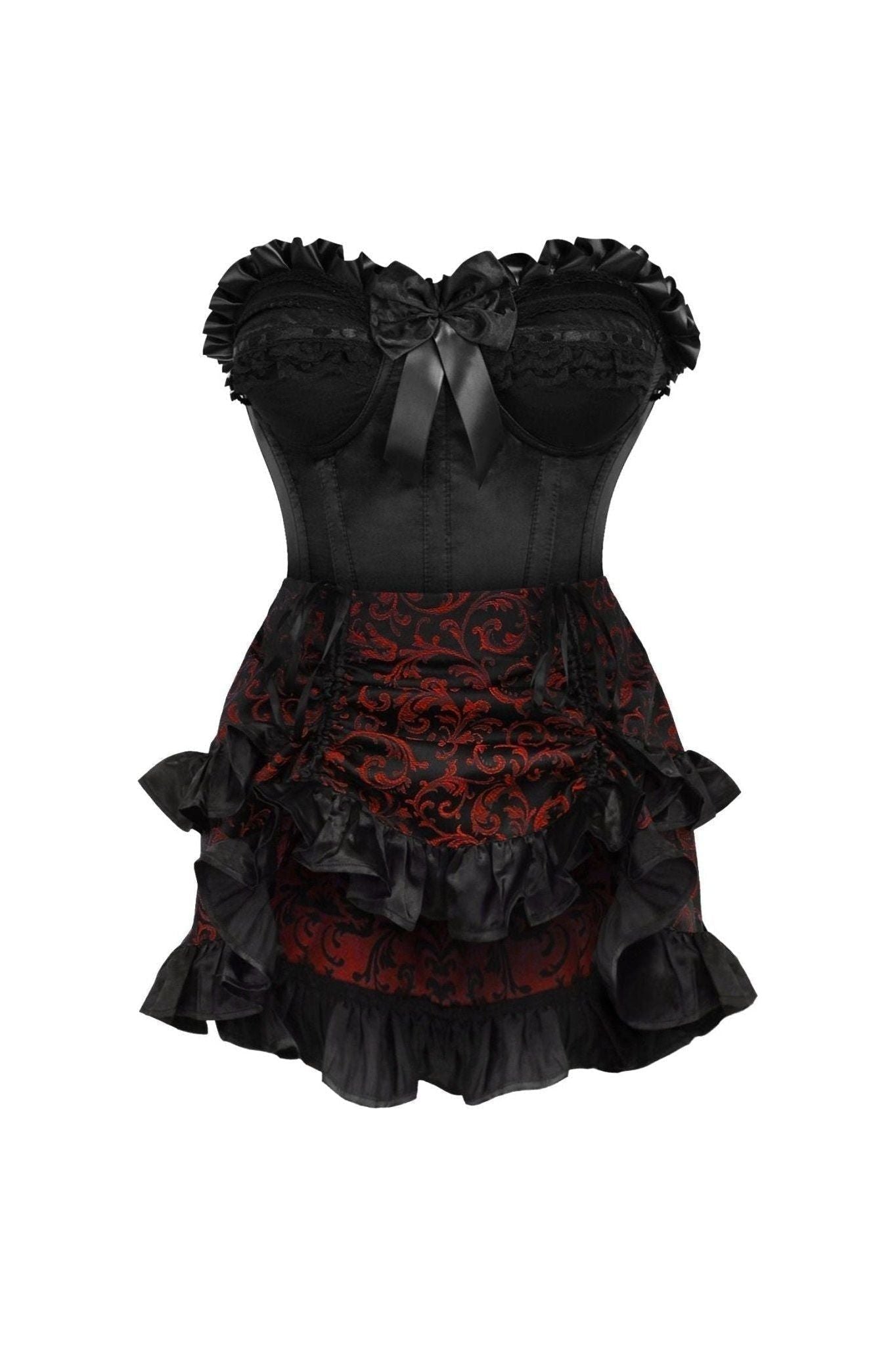 Top Drawer 2 PC Black Satin Steel Boned Burlesque Corset & Gold Brocade Skirt Set