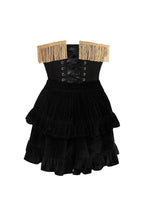 Top Drawer 2 PC Burlesque Black & Dark Red Steel Boned Corset w/Gold Fringe & Skirt Set