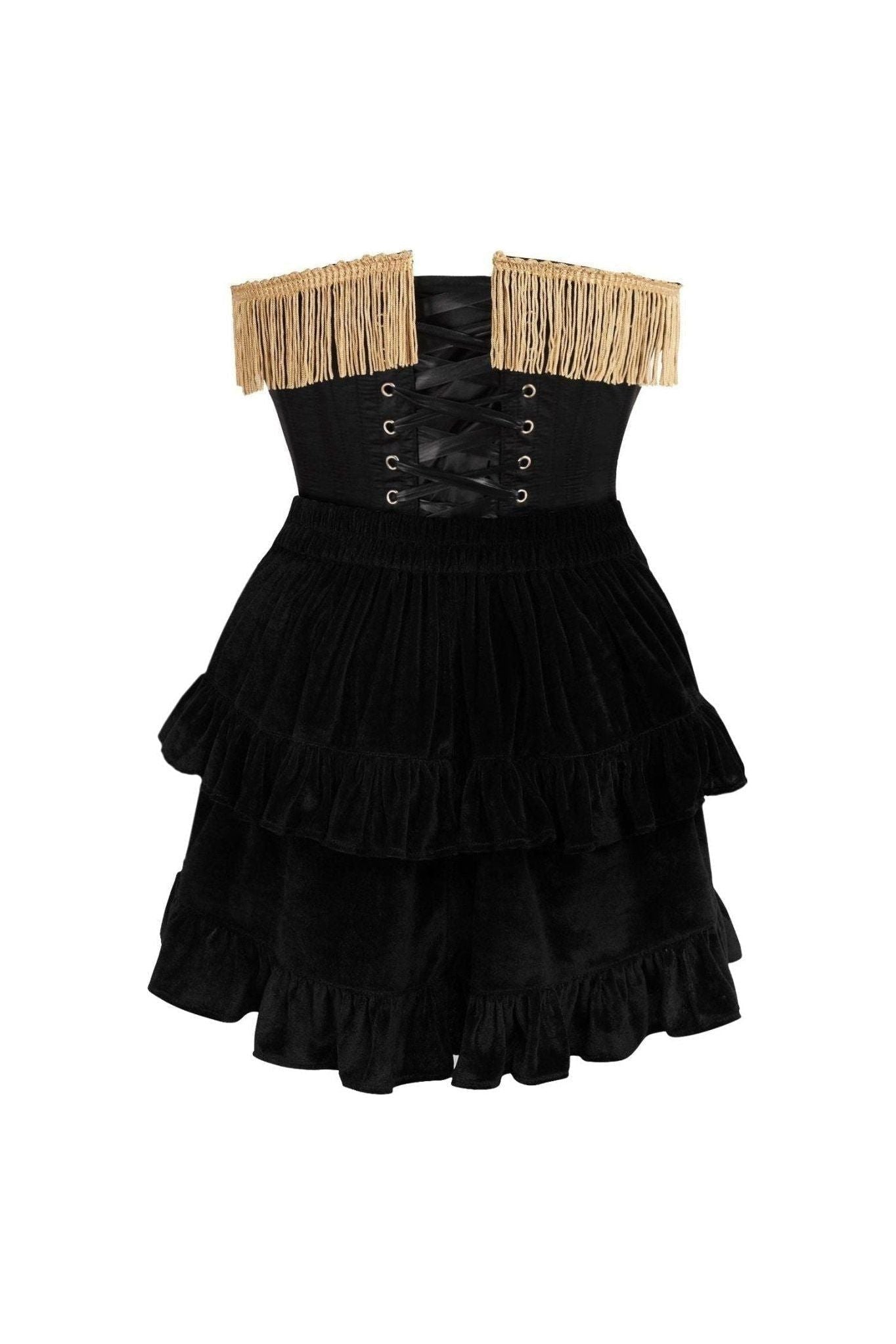 Top Drawer 2 PC Burlesque Black & Dark Red Steel Boned Corset w/Gold Fringe & Skirt Set