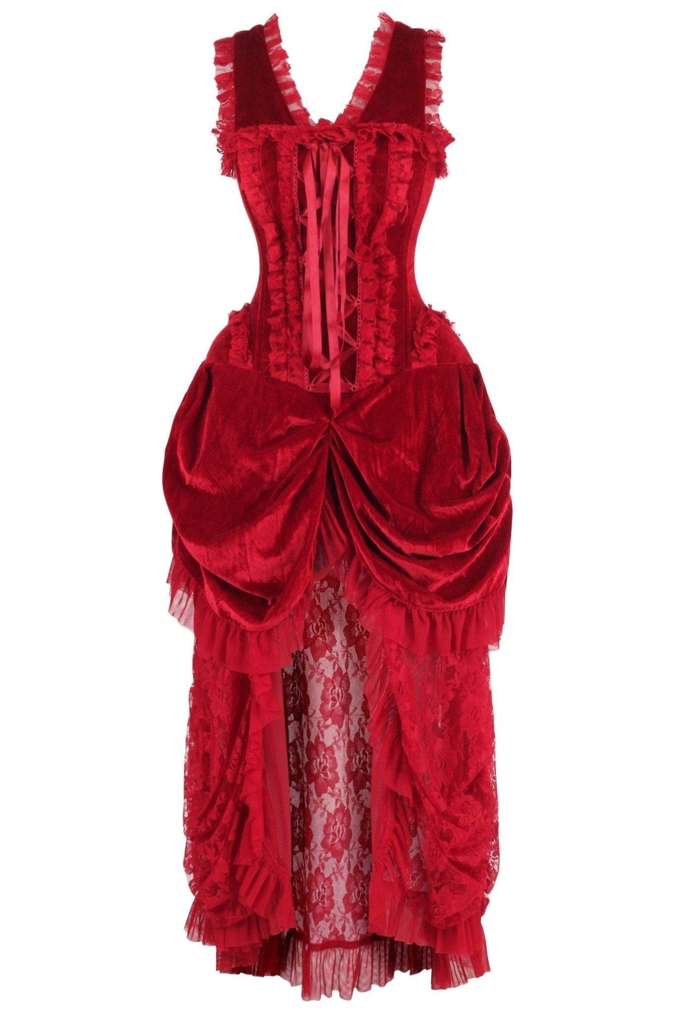 Top Drawer Steel Boned Dark Red Velvet Victorian Bustle Corset Dress - XSmall