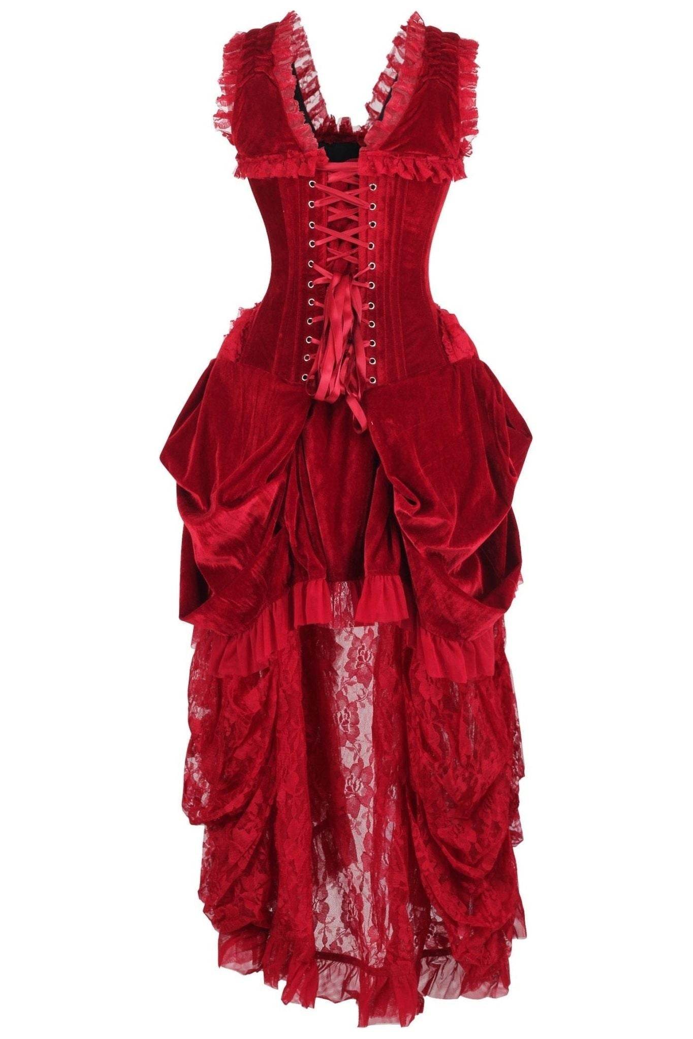Top Drawer Steel Boned Dark Red Velvet Victorian Bustle Corset Dress - XSmall