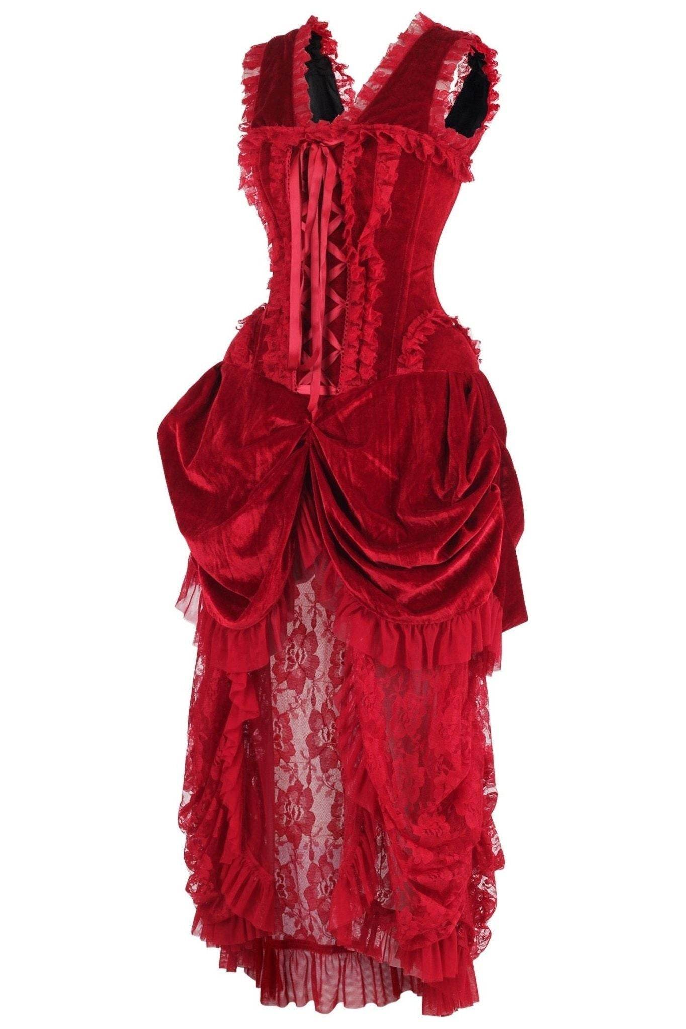Top Drawer Steel Boned Dark Red Velvet Victorian Bustle Corset Dress - XSmall