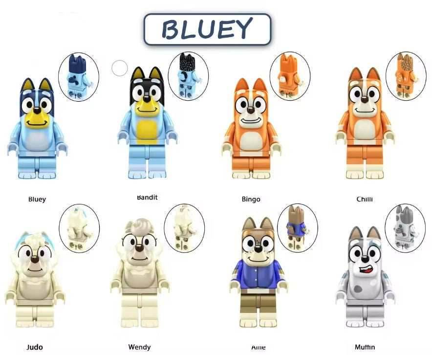 Bluey Custom Minifigure Set of 8 – Family Fun with Bluey and Friends! - 