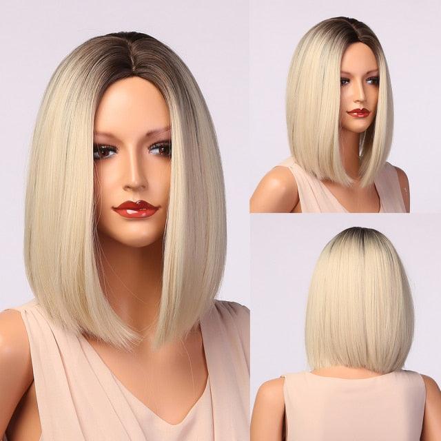 Treding Bob Straight Brown Black Ombre Synthetic Wig Natural Short Wig for Women Middle Part Cosplay Wigs Heat Resistant Wigs For Black Women Wigs For Cosplay