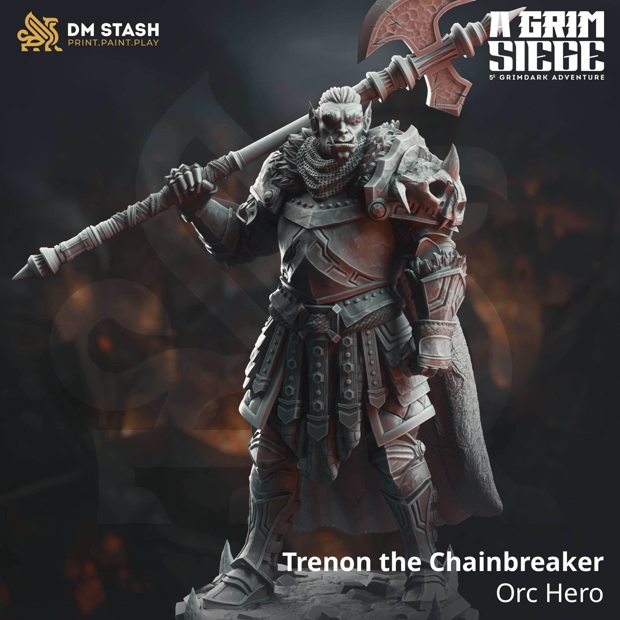 Trenon the Chainbreaker, Orc Hero (Male Half-Orc Barbarian) - 32mm Scale