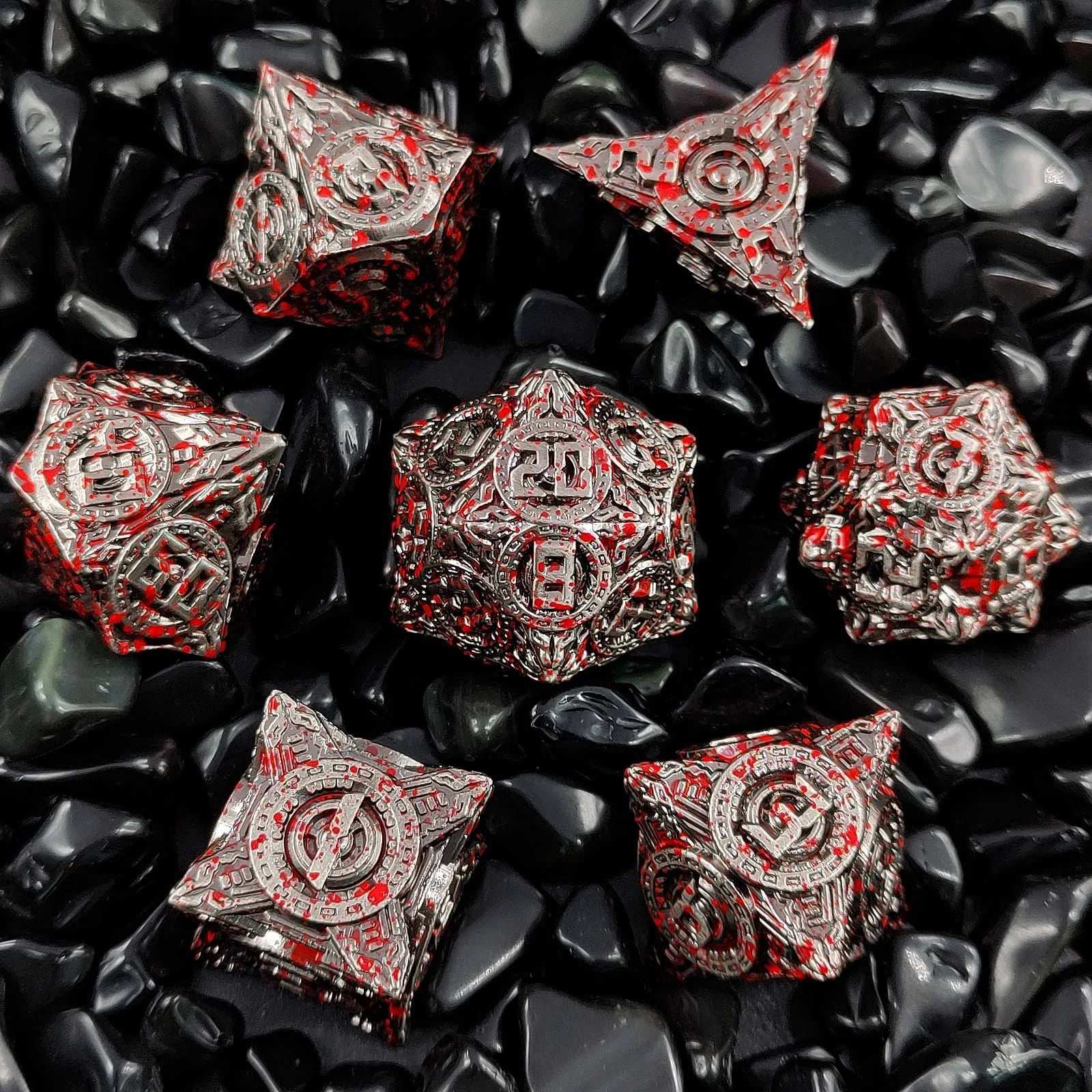 UFO mechanical style metal dice set with blood stains