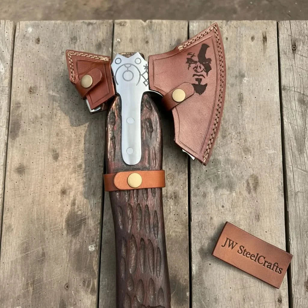 Hand Engraved Viking Double-Bit Axe with Carved Hardwood Handle and Norse Rune Detailing | Handmade Damascus Steel Collector Axe | JW SteelCrafts