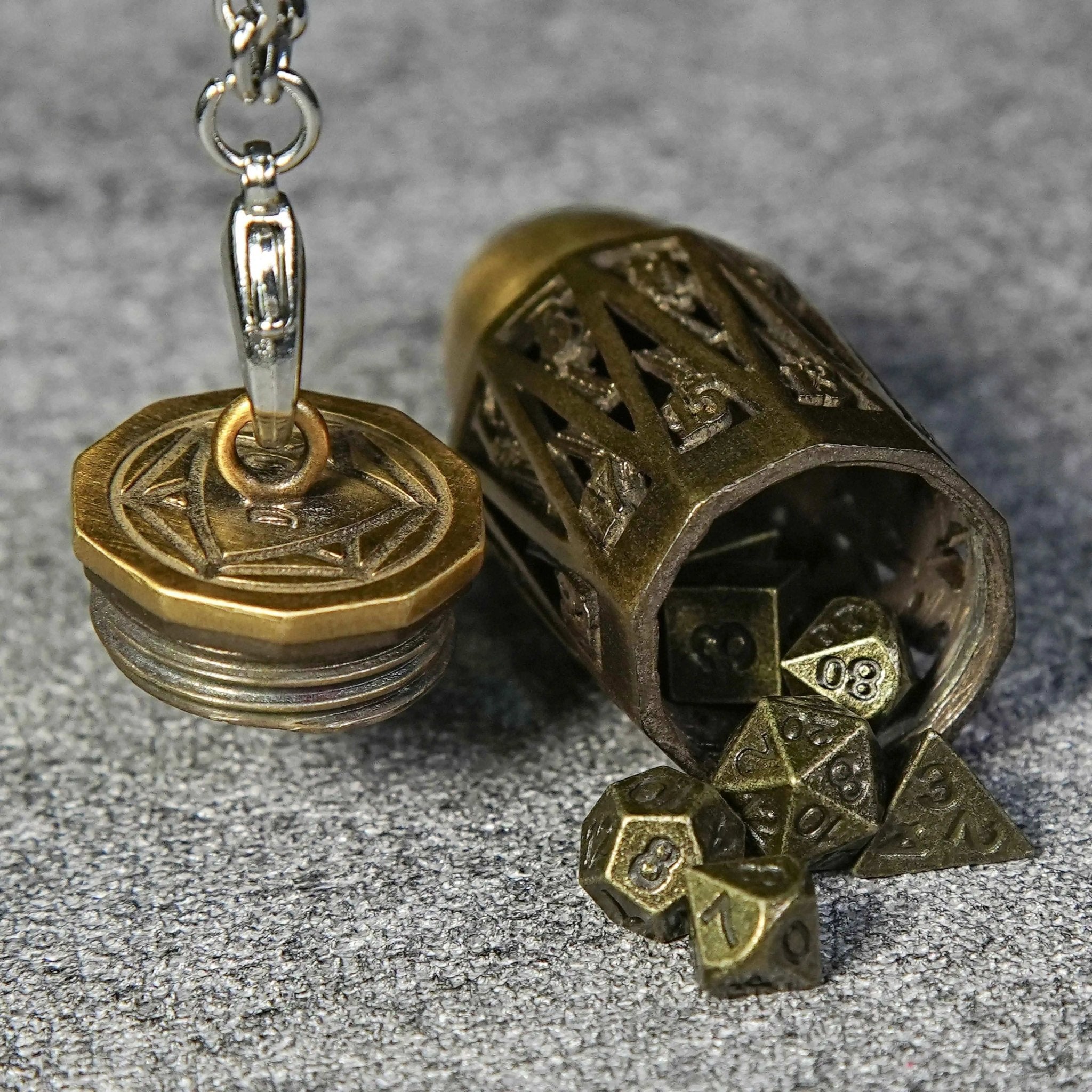 Unique Bullet Shape Antique Gold Hollow Metal D20 Dice Cage Necklace + Mini Dice Set