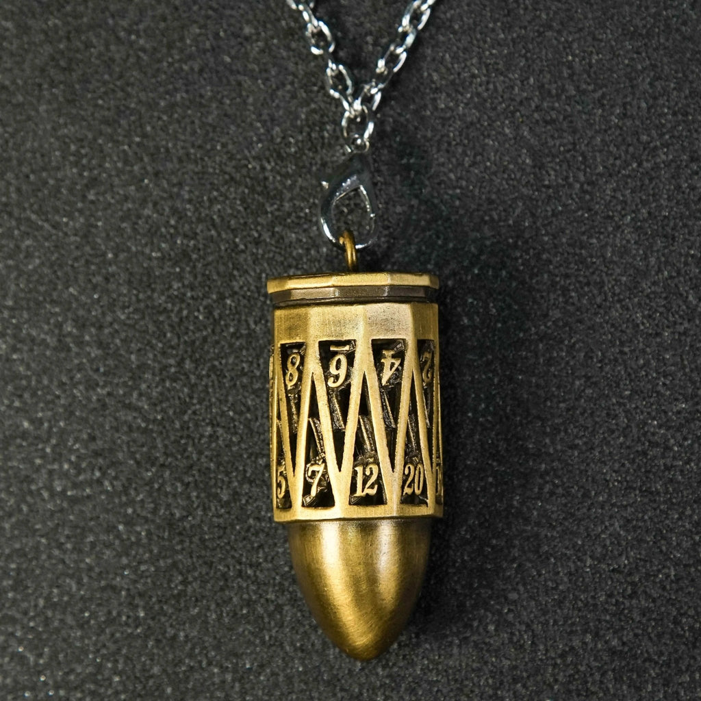 Unique Bullet Shape Antique Gold Hollow Metal D20 Dice Cage Necklace + Mini Dice Set