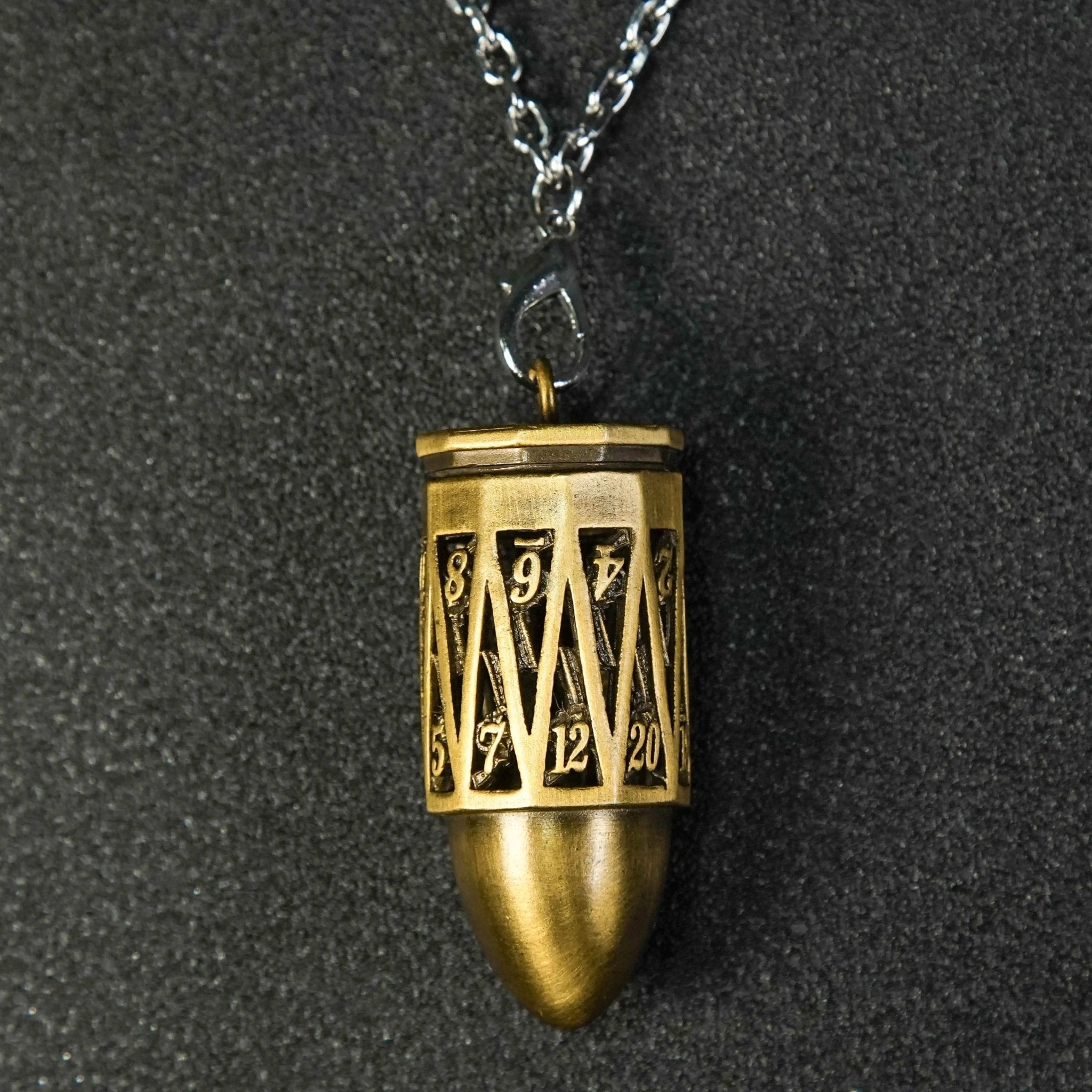 Unique Bullet Shape Antique Gold Hollow Metal D20 Dice Cage Necklace + Mini Dice Set