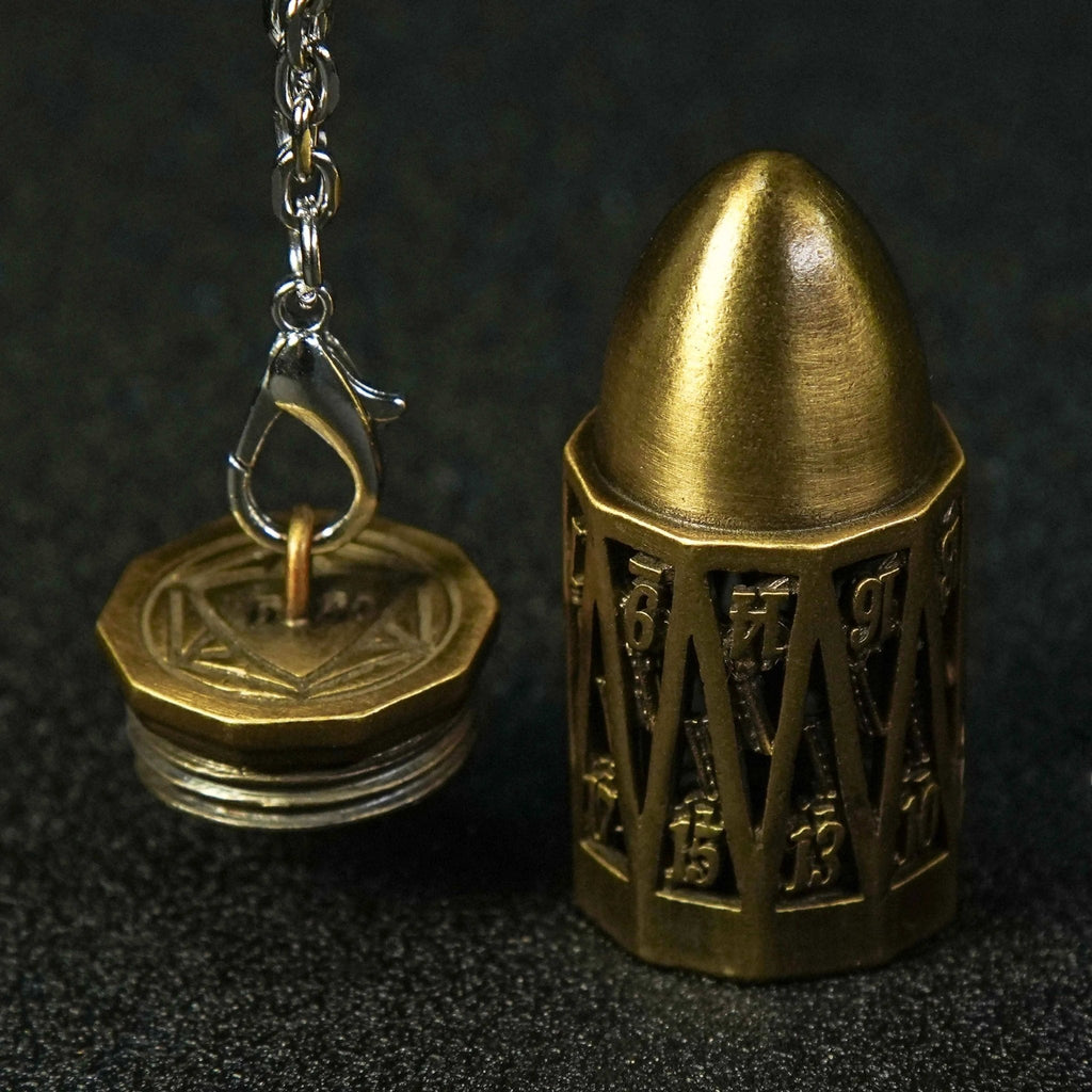 Unique Bullet Shape Antique Gold Hollow Metal D20 Dice Cage Necklace + Mini Dice Set