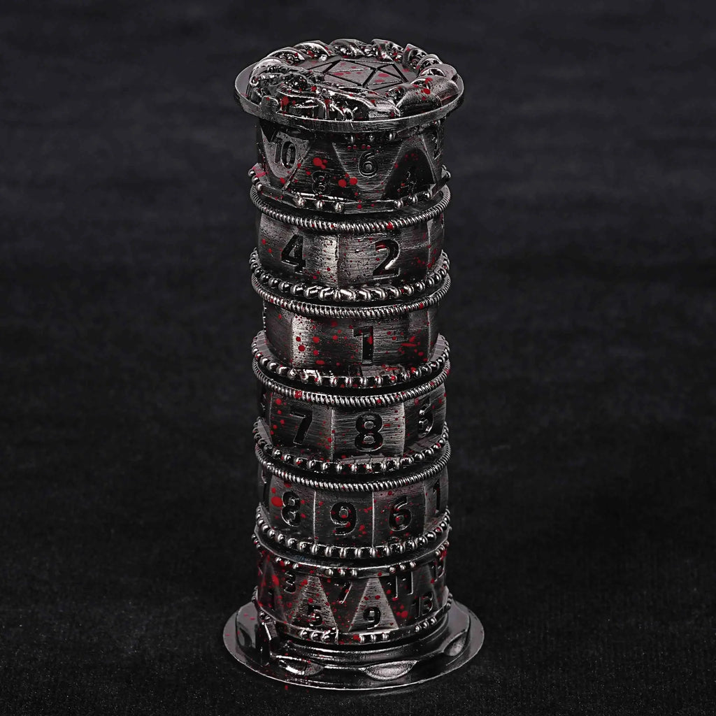 Unique dice tower spinner: black cylinder multi-layer rotating metal dnd dice + red numbers