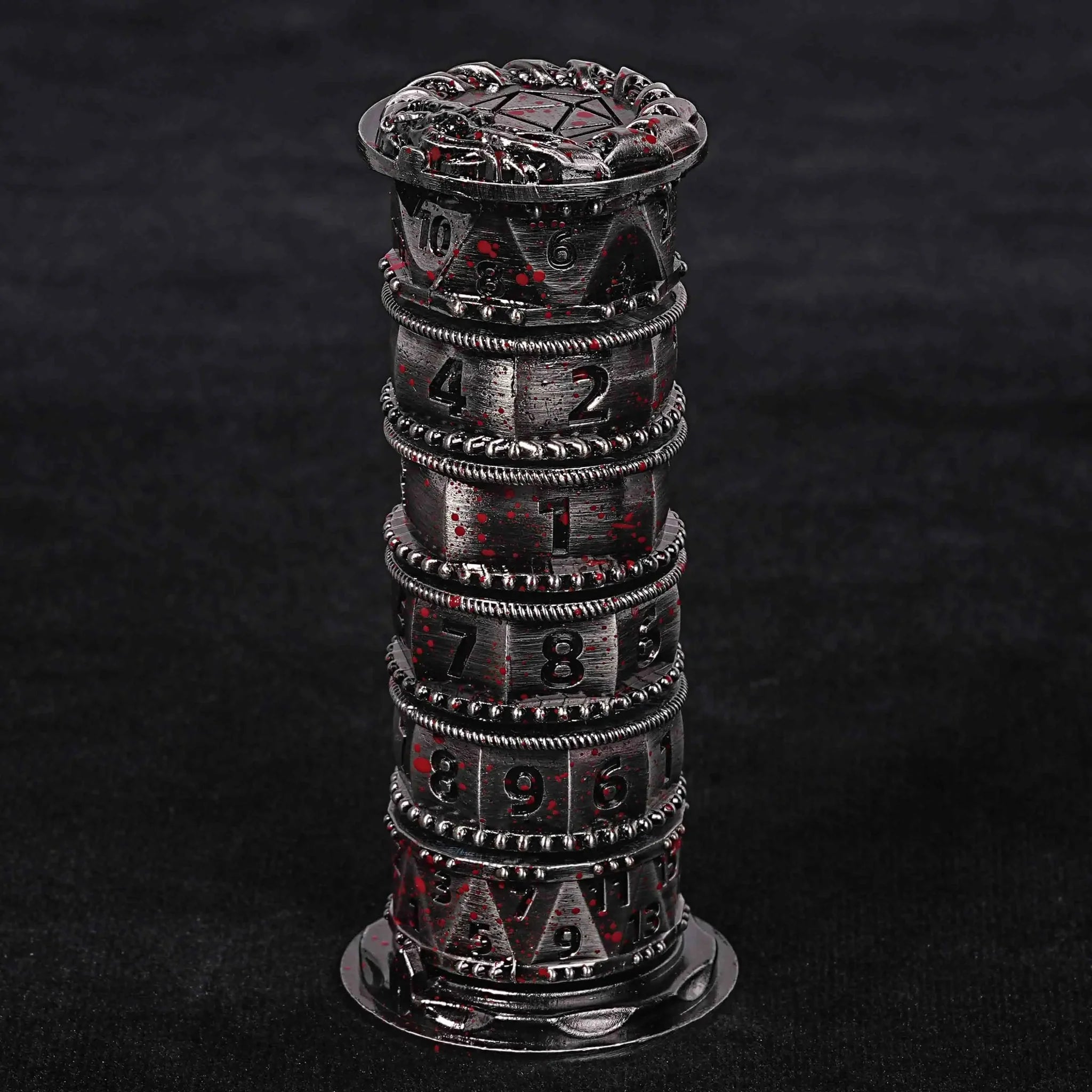 Unique dice tower spinner: black cylinder multi-layer rotating metal dnd dice + red numbers