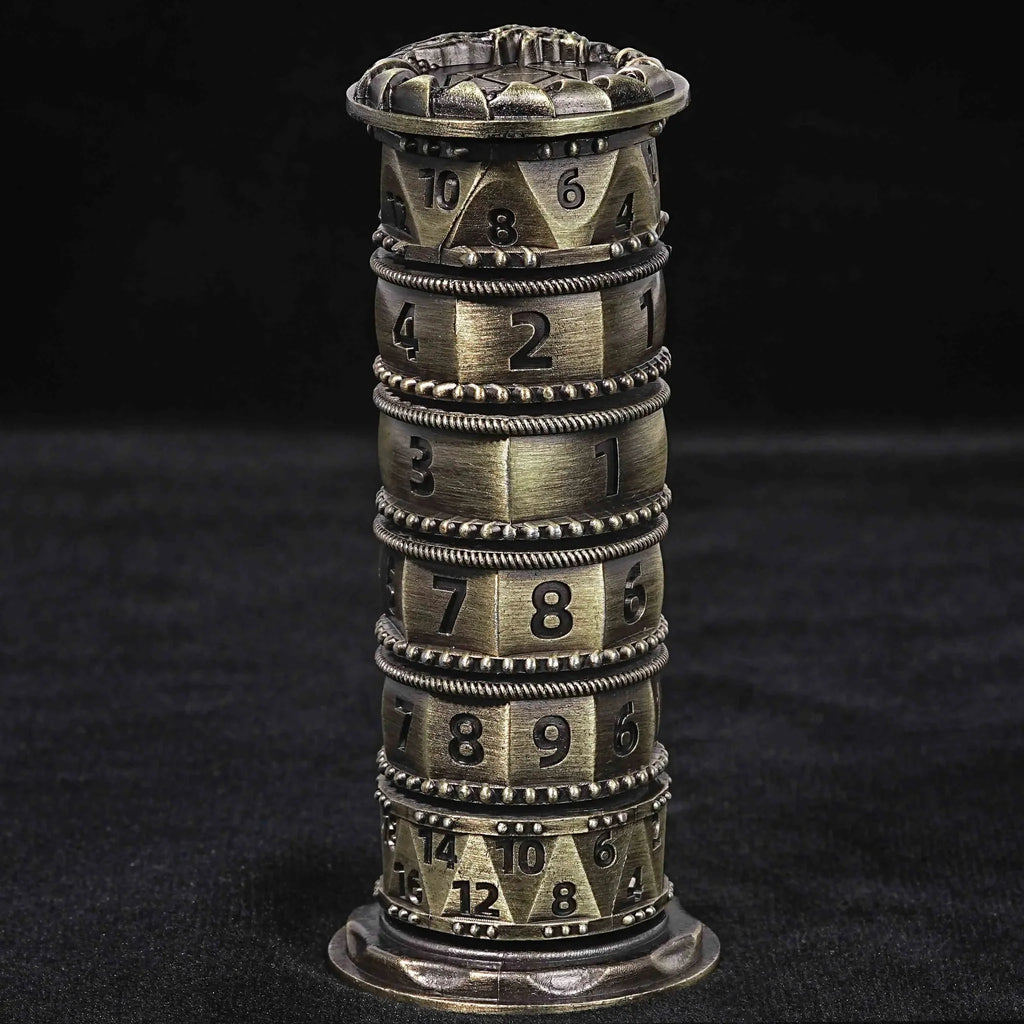 Unique dice tower spinner: black cylinder multi-layer rotating metal dnd dice + red numbers