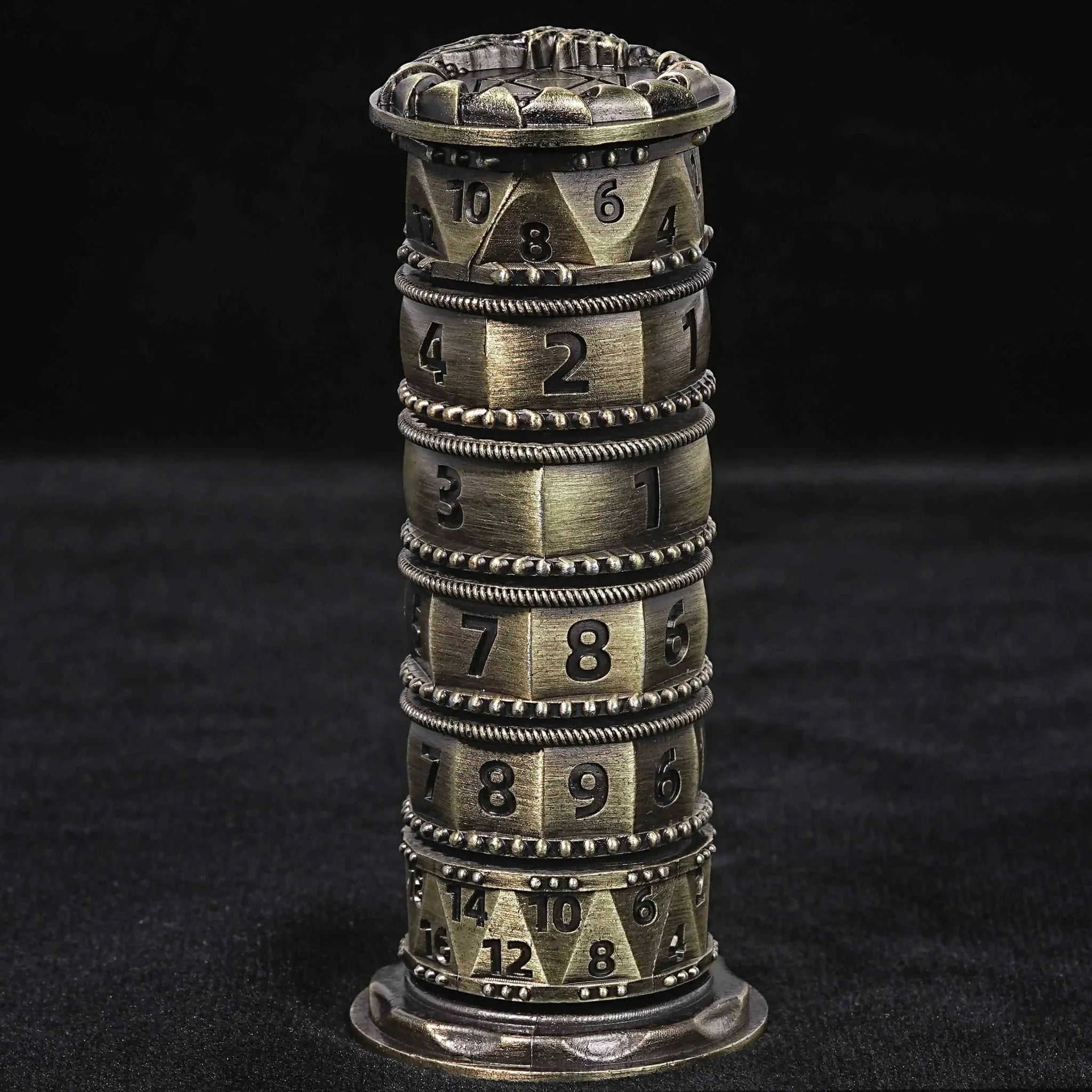 Unique dice tower spinner: black cylinder multi-layer rotating metal dnd dice + red numbers