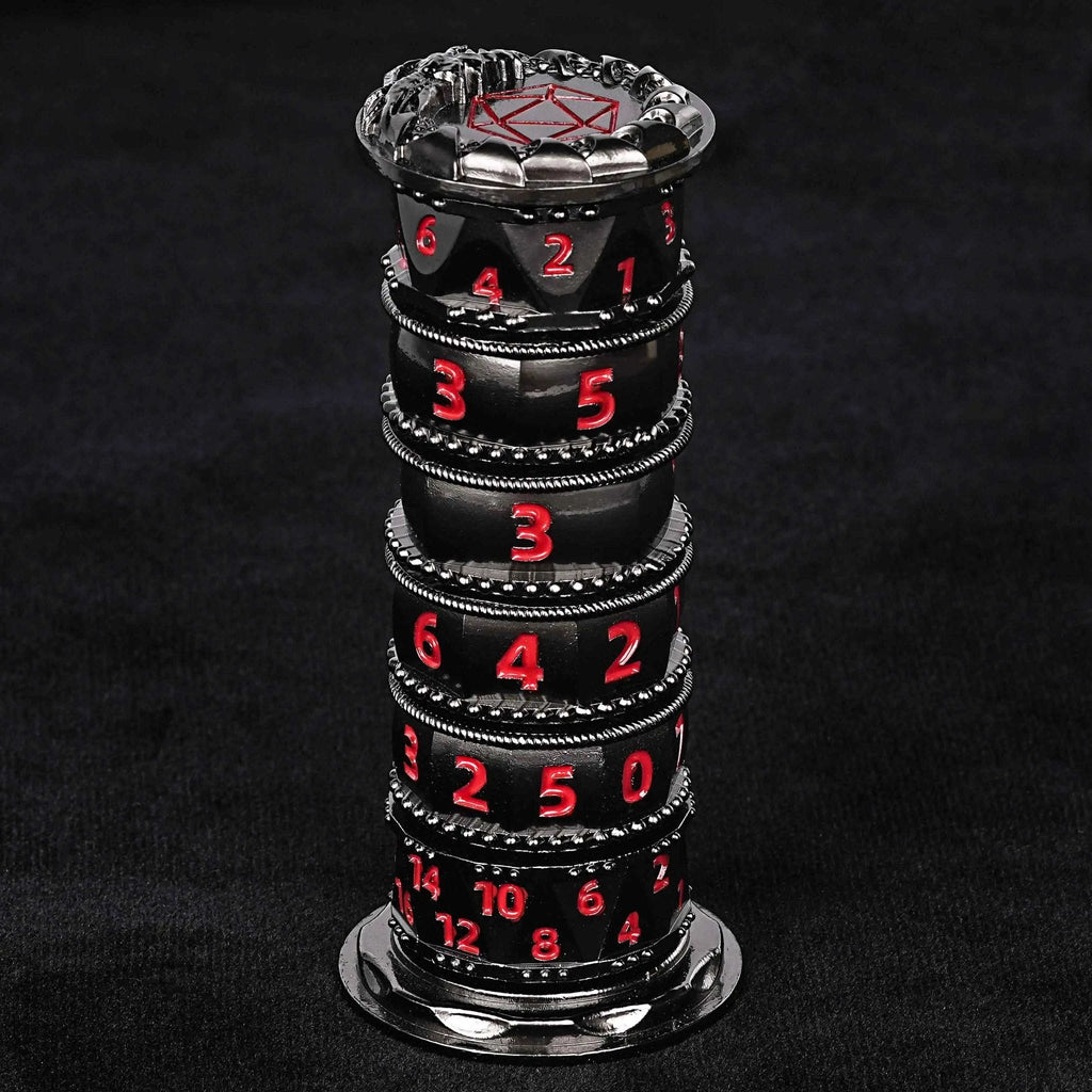 Unique dice tower spinner: black cylinder multi-layer rotating metal dnd dice + red numbers