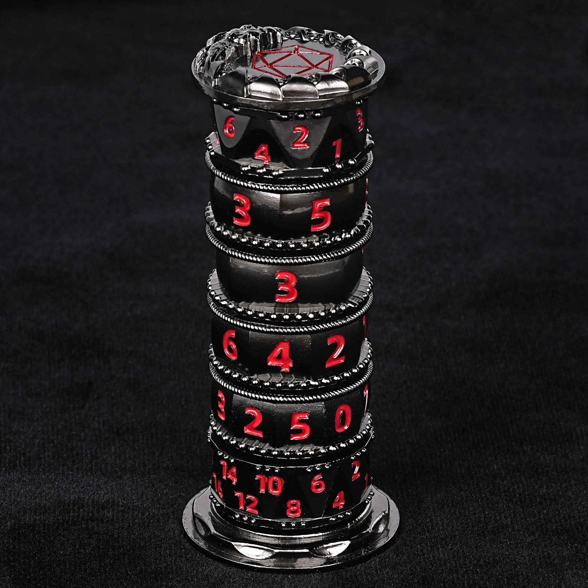 Unique dice tower spinner: black cylinder multi-layer rotating metal dnd dice + red numbers