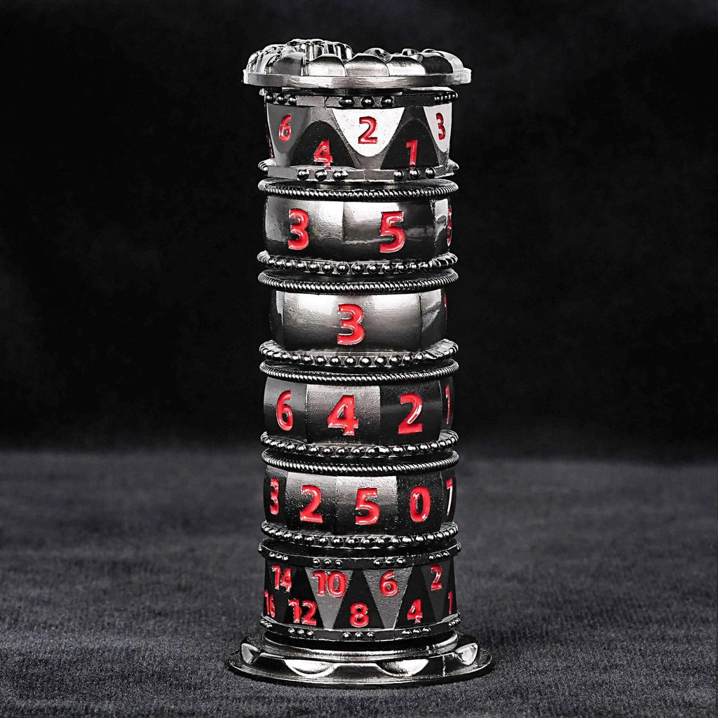 Unique dice tower spinner: black cylinder multi-layer rotating metal dnd dice + red numbers
