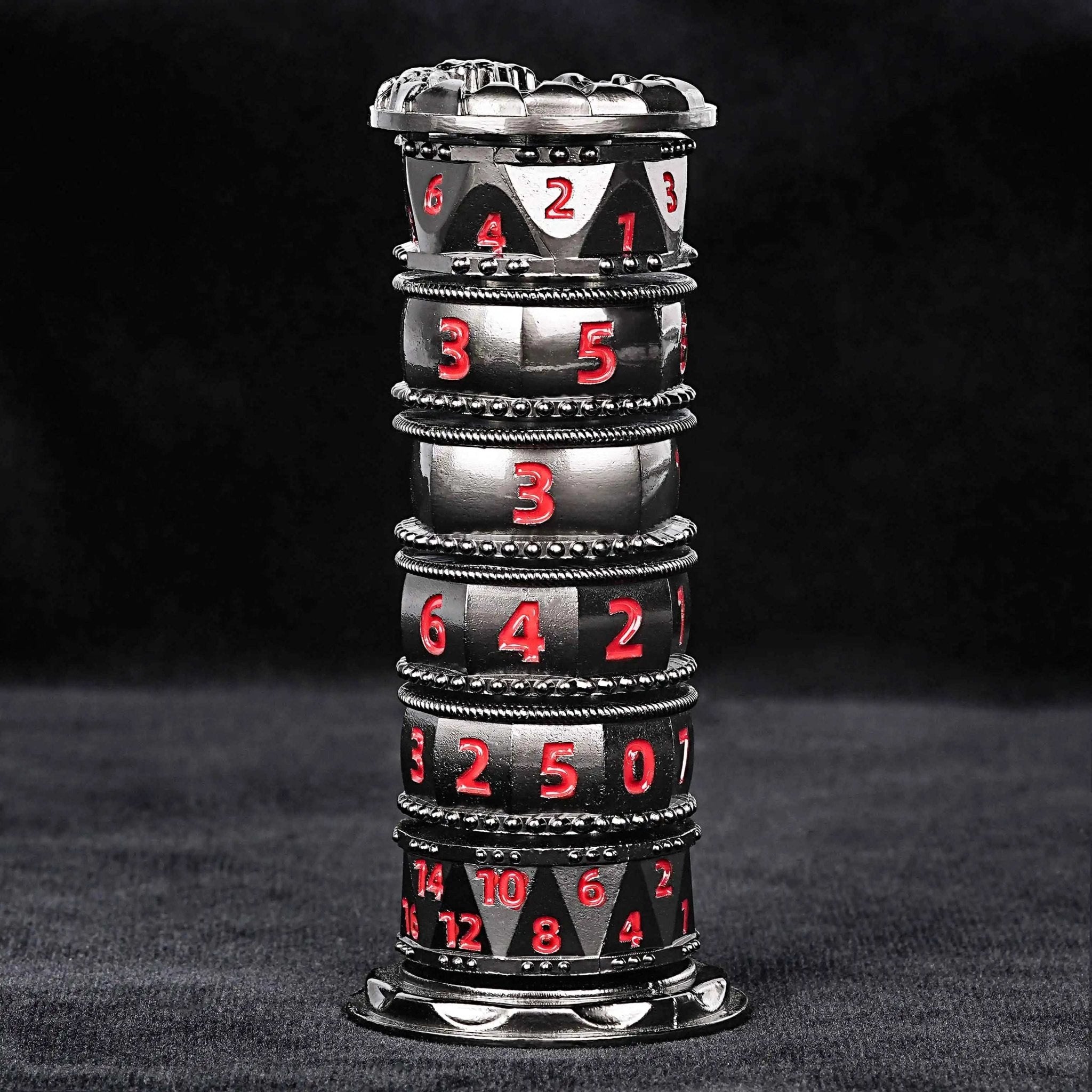Unique dice tower spinner: black cylinder multi-layer rotating metal dnd dice + red numbers