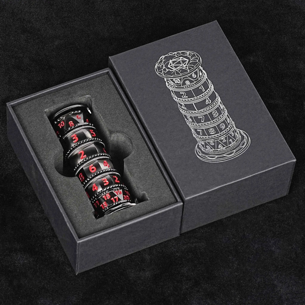 Unique dice tower spinner: black cylinder multi-layer rotating metal dnd dice + red numbers