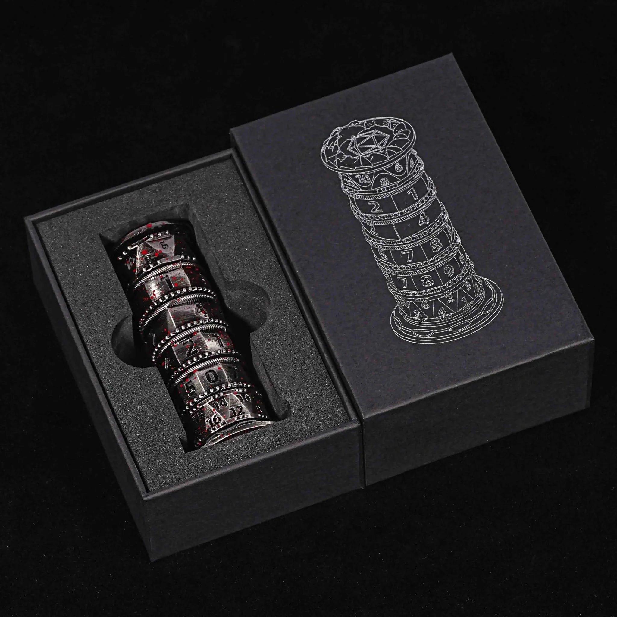 Unique dice tower spinner: black cylinder multi-layer rotating metal dnd dice + red numbers