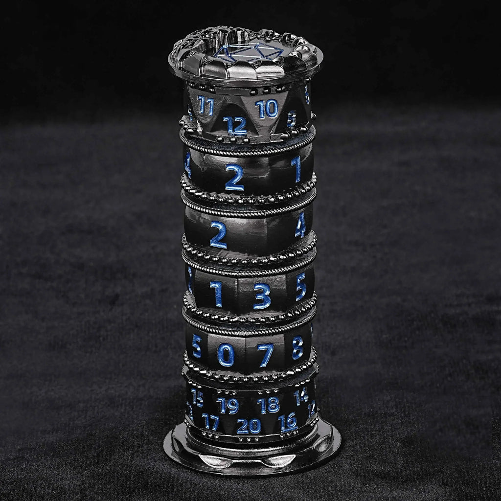 Unique dice tower spinner: black cylinder multi-layer rotating metal dnd dice + red numbers