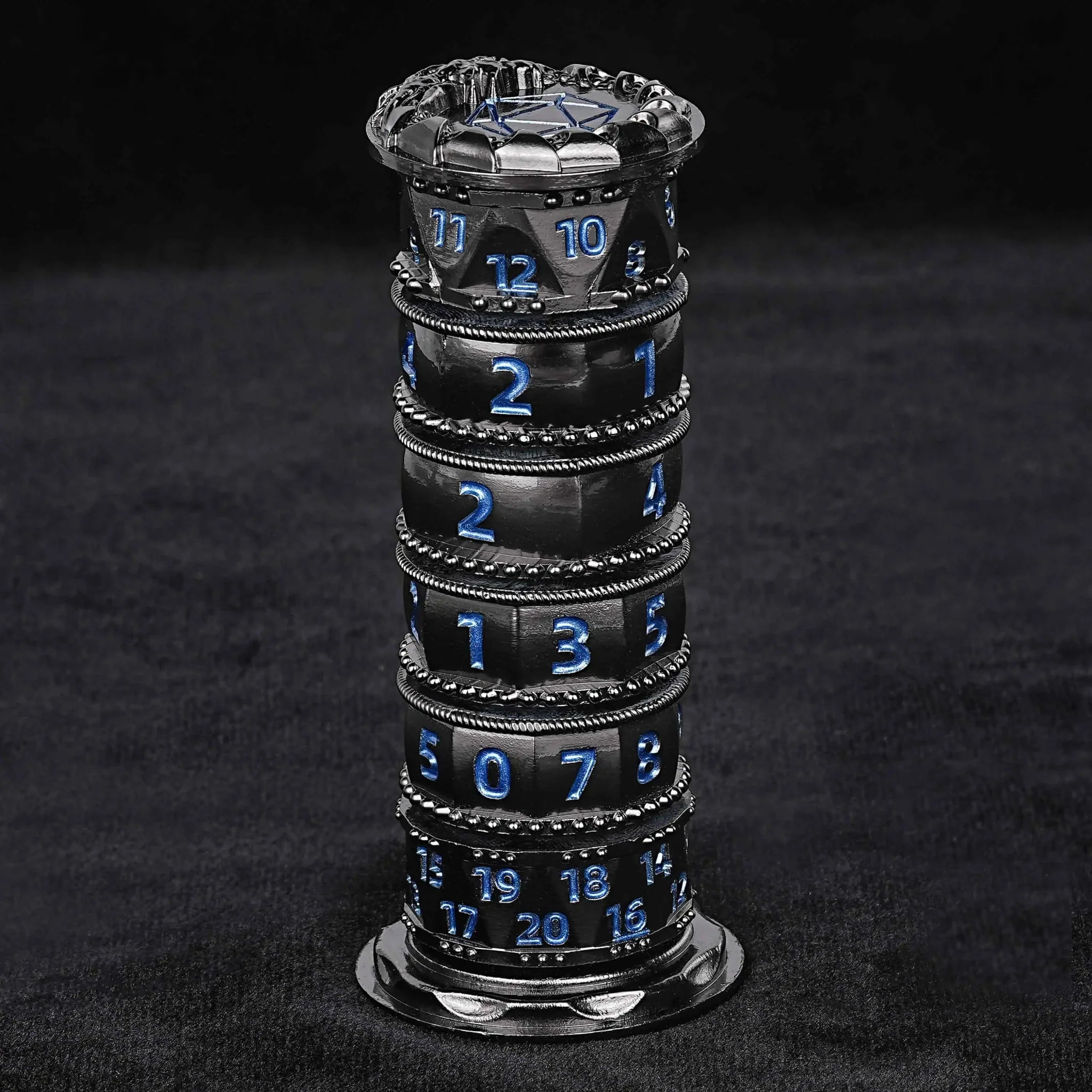Unique dice tower spinner: black cylinder multi-layer rotating metal dnd dice + red numbers