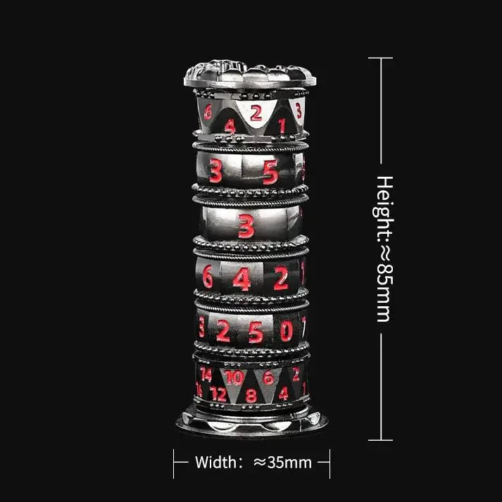 Unique dice tower spinner: black cylinder multi-layer rotating metal dnd dice + red numbers