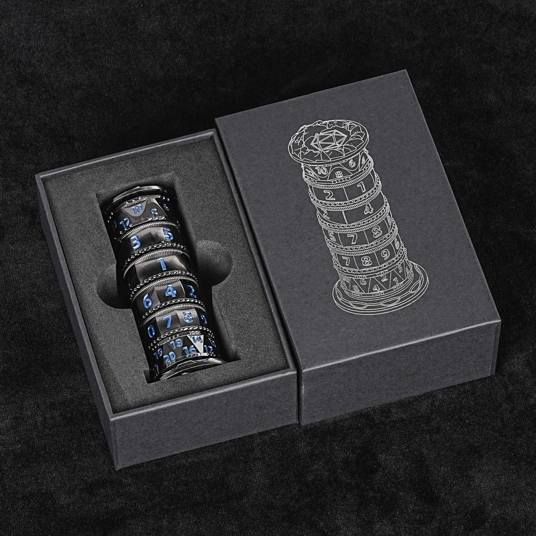 Unique dice tower spinner: black cylinder multi-layer rotating metal dnd dice + red numbers