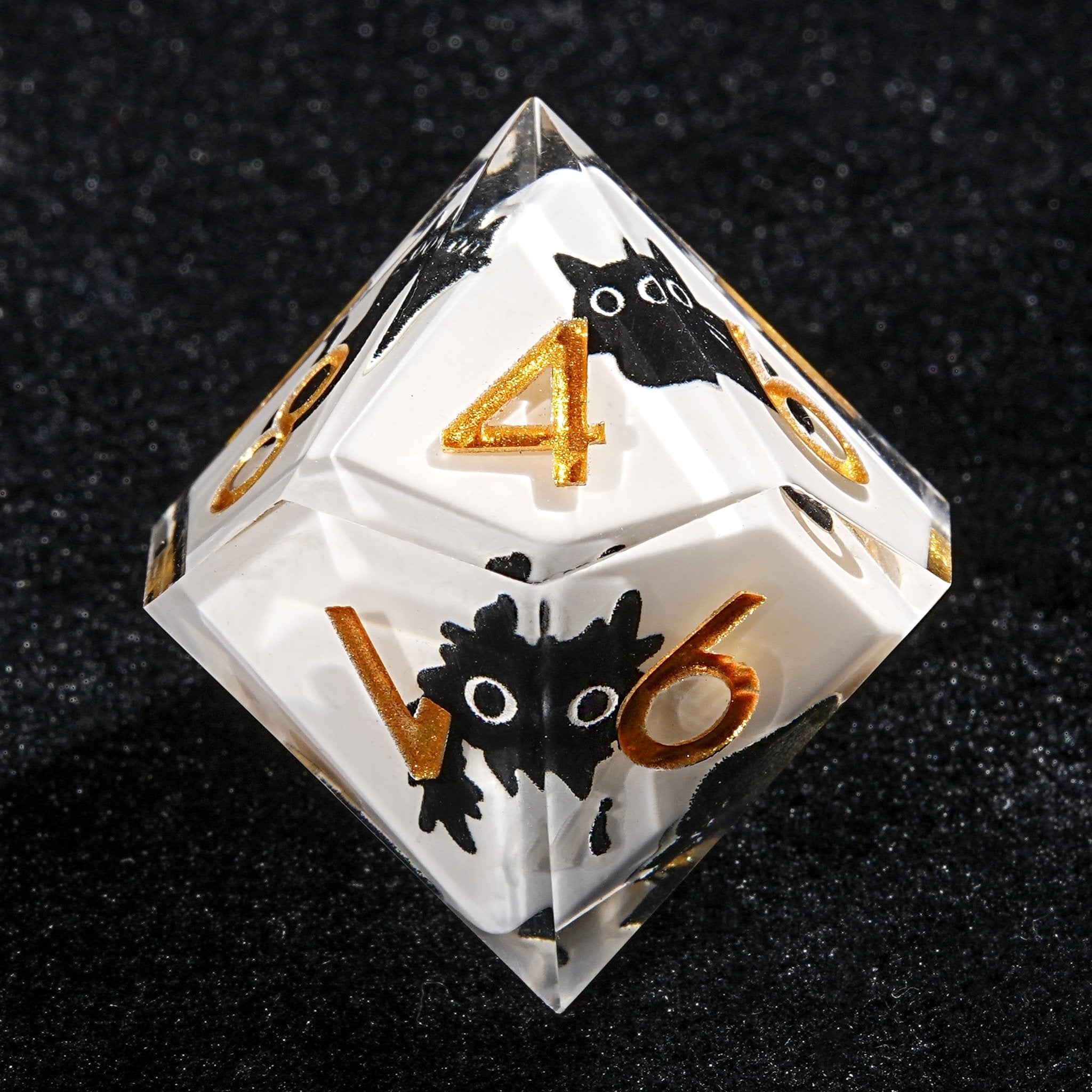 Unique White Resin Black Cat DND Dice Set + Gold Font