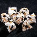 Unique White Resin Black Cat DND Dice Set + Gold Font