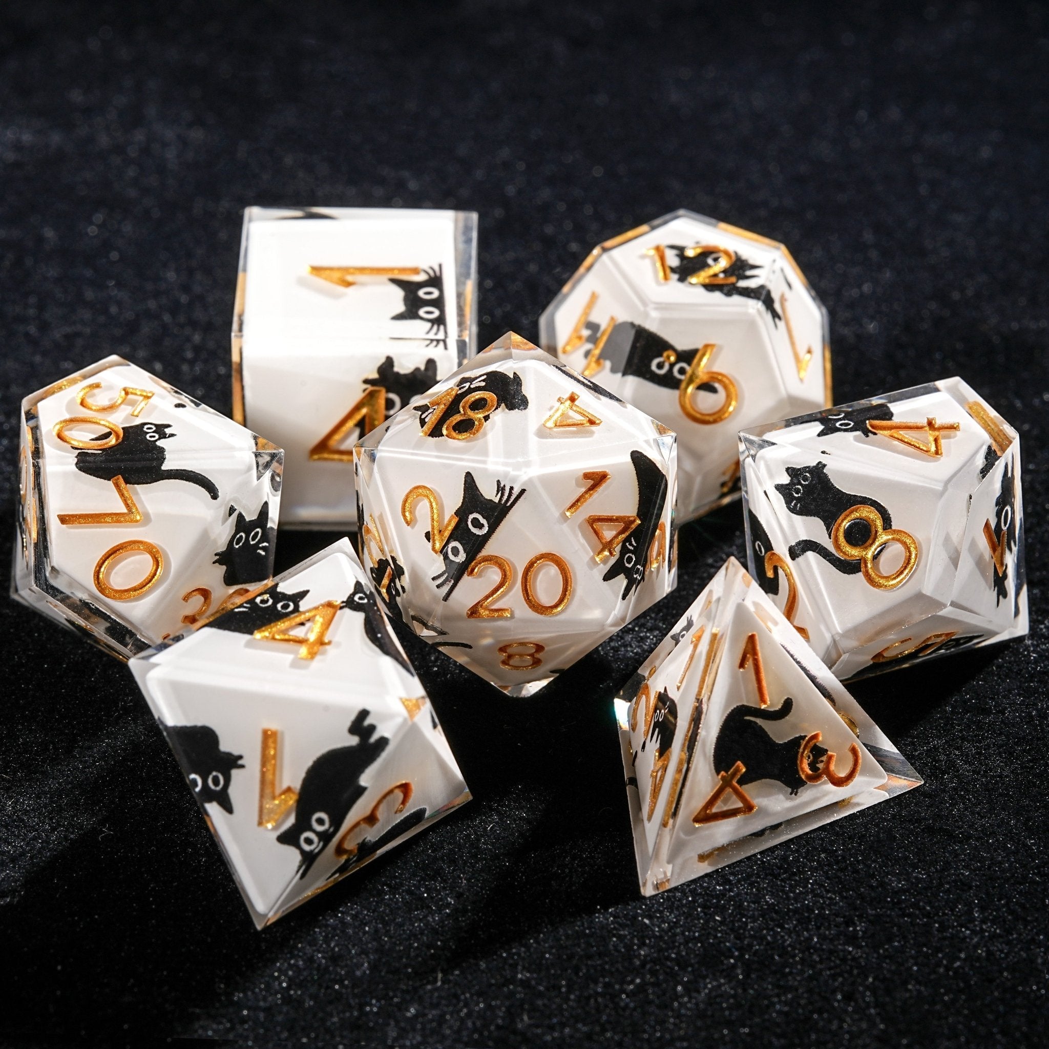 Unique White Resin Black Cat DND Dice Set + Gold Font
