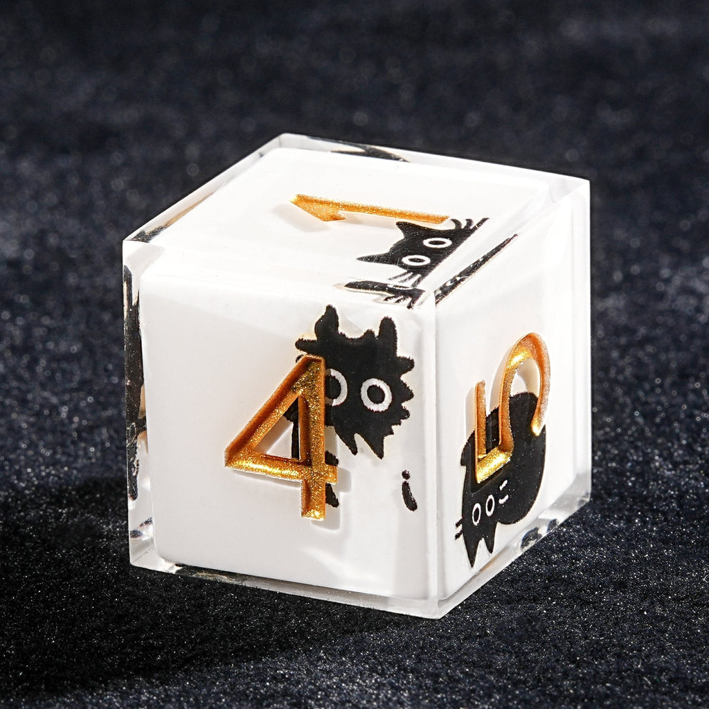 Unique White Resin Black Cat DND Dice Set + Gold Font