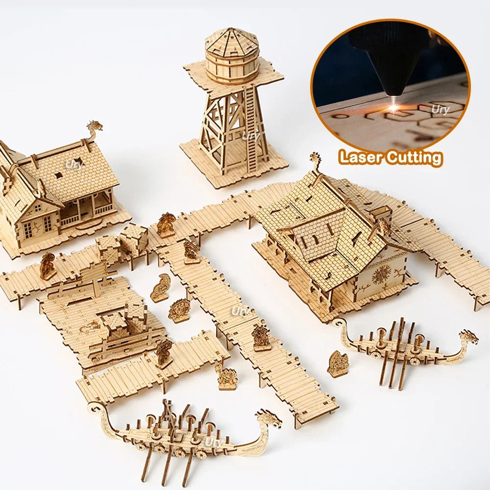 Ury 3D Wooden Puzzle City Viking Fisherman Wharf Village Handmade Assembly House Model DIY Toy Decoration Christmas Gift for Kid