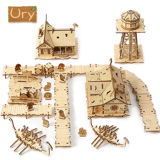 Ury 3D Wooden Puzzle City Viking Fisherman Wharf Village Handmade Assembly House Model DIY Toy Decoration Christmas Gift for Kid