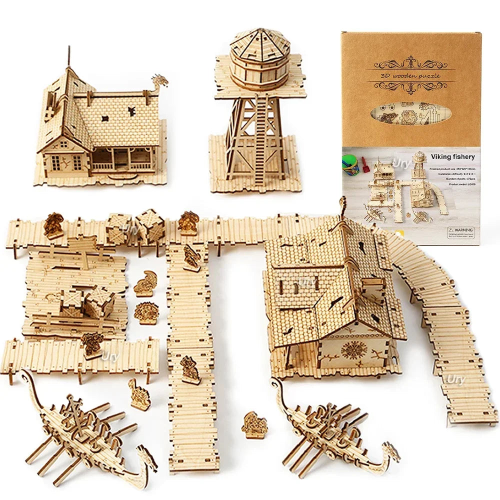 Ury 3D Wooden Puzzle City Viking Fisherman Wharf Village Handmade Assembly House Model DIY Toy Decoration Christmas Gift for Kid