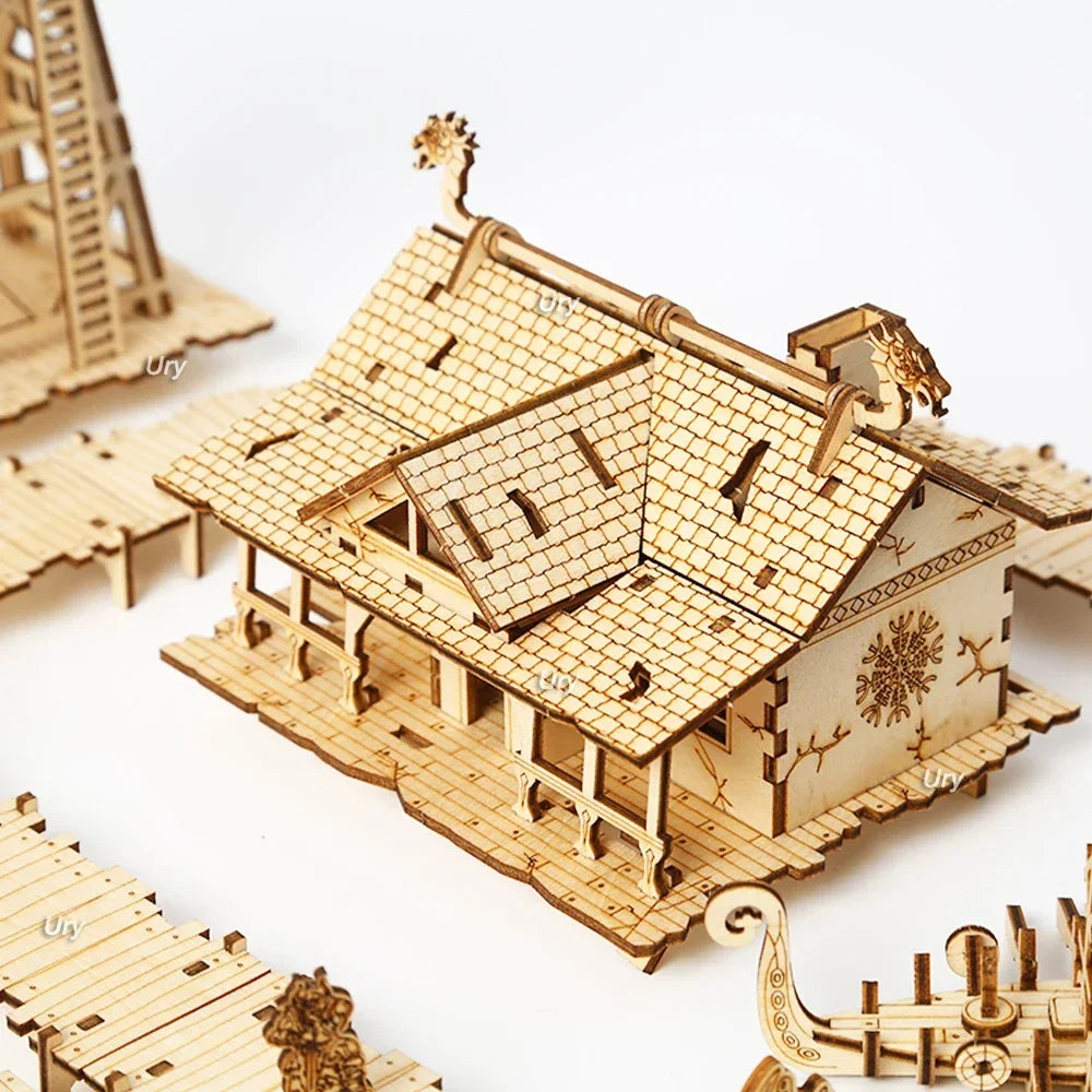 Ury 3D Wooden Puzzle City Viking Fisherman Wharf Village Handmade Assembly House Model DIY Toy Decoration Christmas Gift for Kid