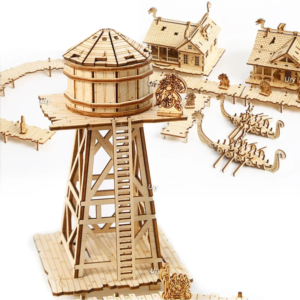 Ury 3D Wooden Puzzle City Viking Fisherman Wharf Village Handmade Assembly House Model DIY Toy Decoration Christmas Gift for Kid