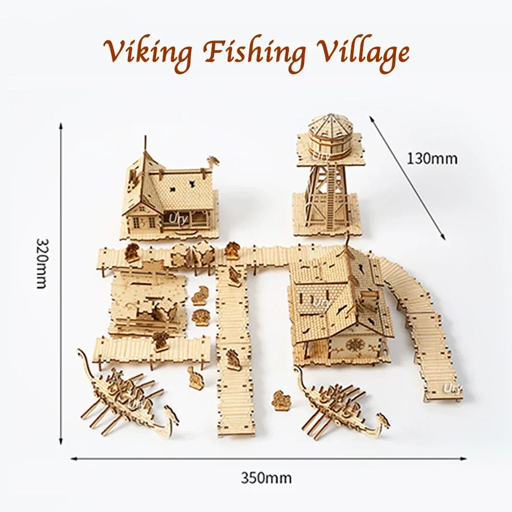 Ury 3D Wooden Puzzle City Viking Fisherman Wharf Village Handmade Assembly House Model DIY Toy Decoration Christmas Gift for Kid