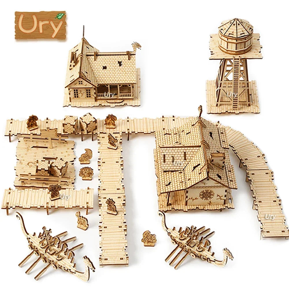 Ury 3D Wooden Puzzle WW2 War City Postwar Relic Handmade Mechanical Assembly House Model DIY Kits Toys Decoration Gifts for Kids