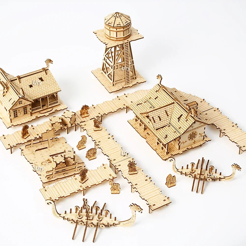 Ury 3D Wooden Puzzle WW2 War City Postwar Relic Handmade Mechanical Assembly House Model DIY Kits Toys Decoration Gifts for Kids