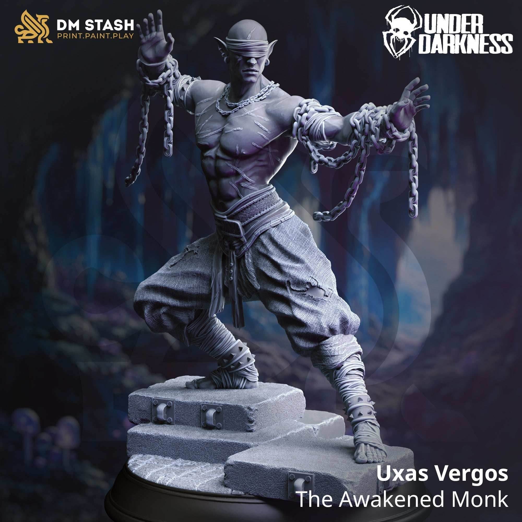 Uxas Vergos, The Awakened Monk (Male Drow Monk) - 32mm Scale