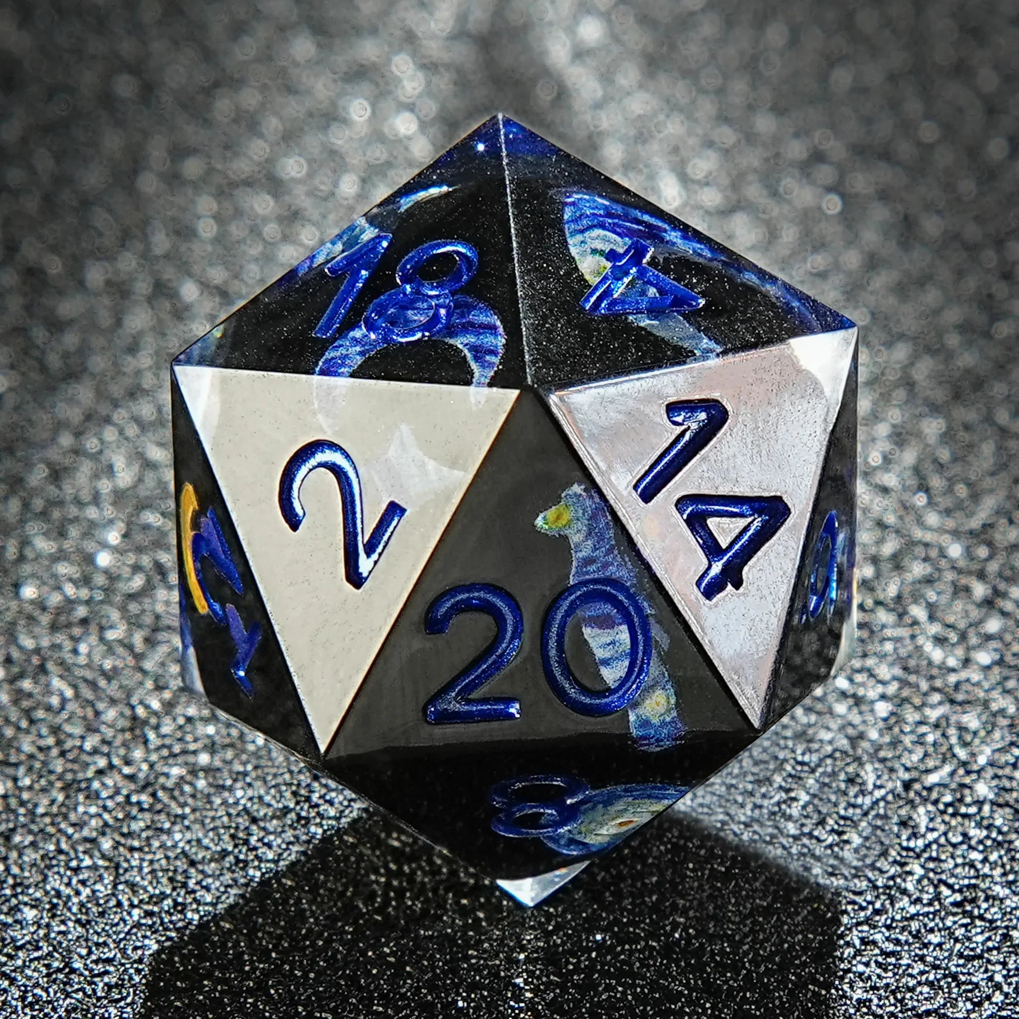 Van Gogh Dark Blue Resin DND Dice Set + Blue Font