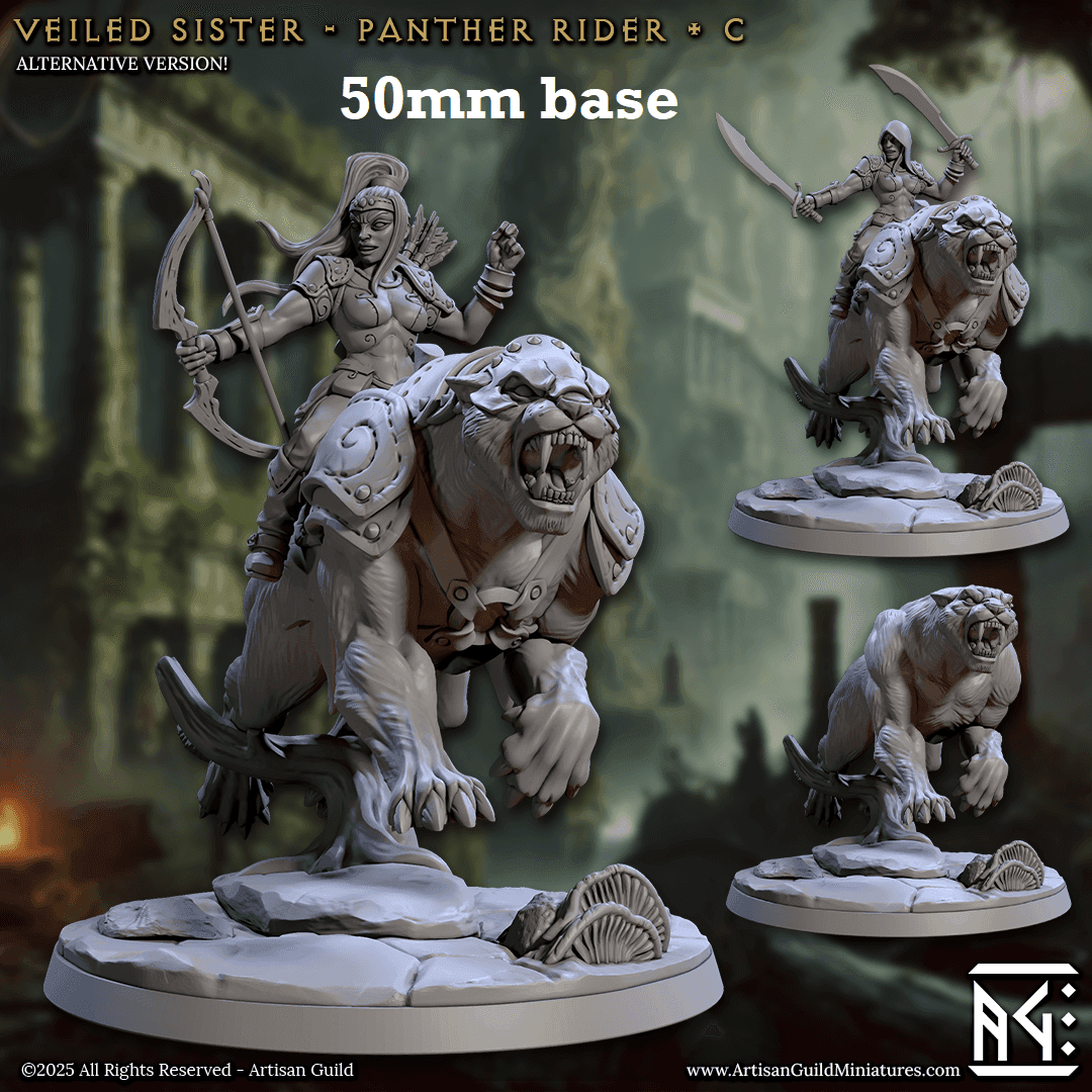 Veiled Sister Panther Rider: Sculpt C (Female Human Ranger / Fighter Cavalry Unit) - No Hood / Empty / Draw / Bow (w/ Quiver on Back)
