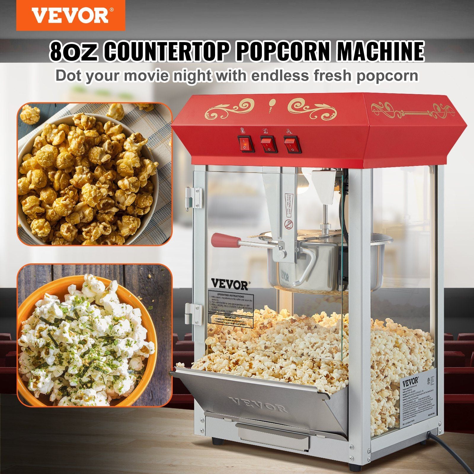 VEVOR Popcorn Popper Machine 8 Oz Countertop Popcorn Maker 850W 48 Cups Red