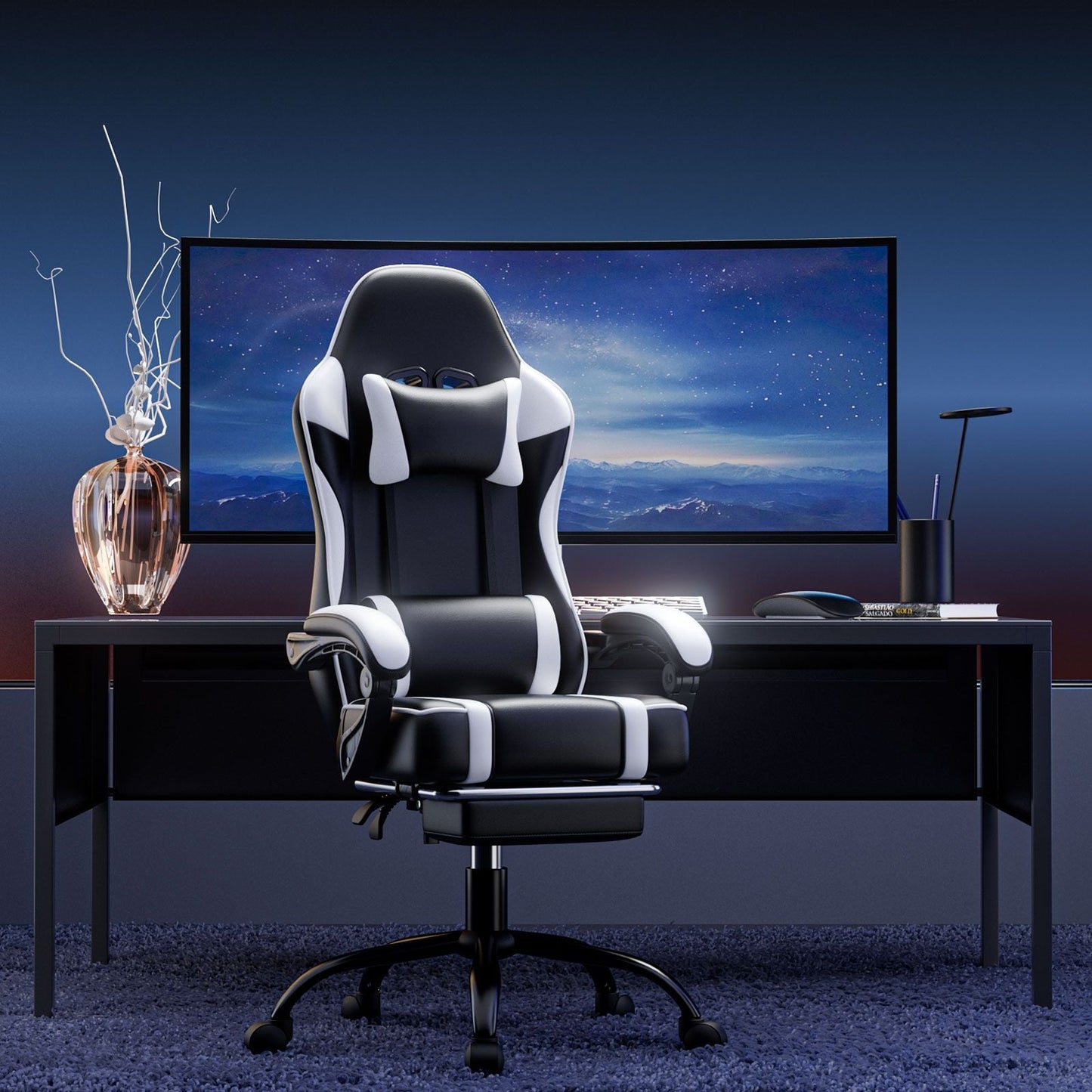 Video Game Chairs for Adults, PU Leather Gaming Chair with Footrest, 360°Swivel Adjustable Lumbar Pillow Gamer Chair, Comfortable Computer Chair for Heavy People