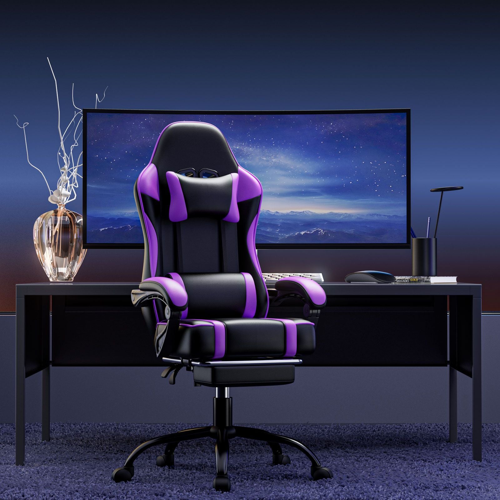 Video Game Chairs for Adults, PU Leather Gaming Chair with Footrest, 360°Swivel Adjustable Lumbar Pillow Gamer Chair, Comfortable Computer Chair for Heavy People