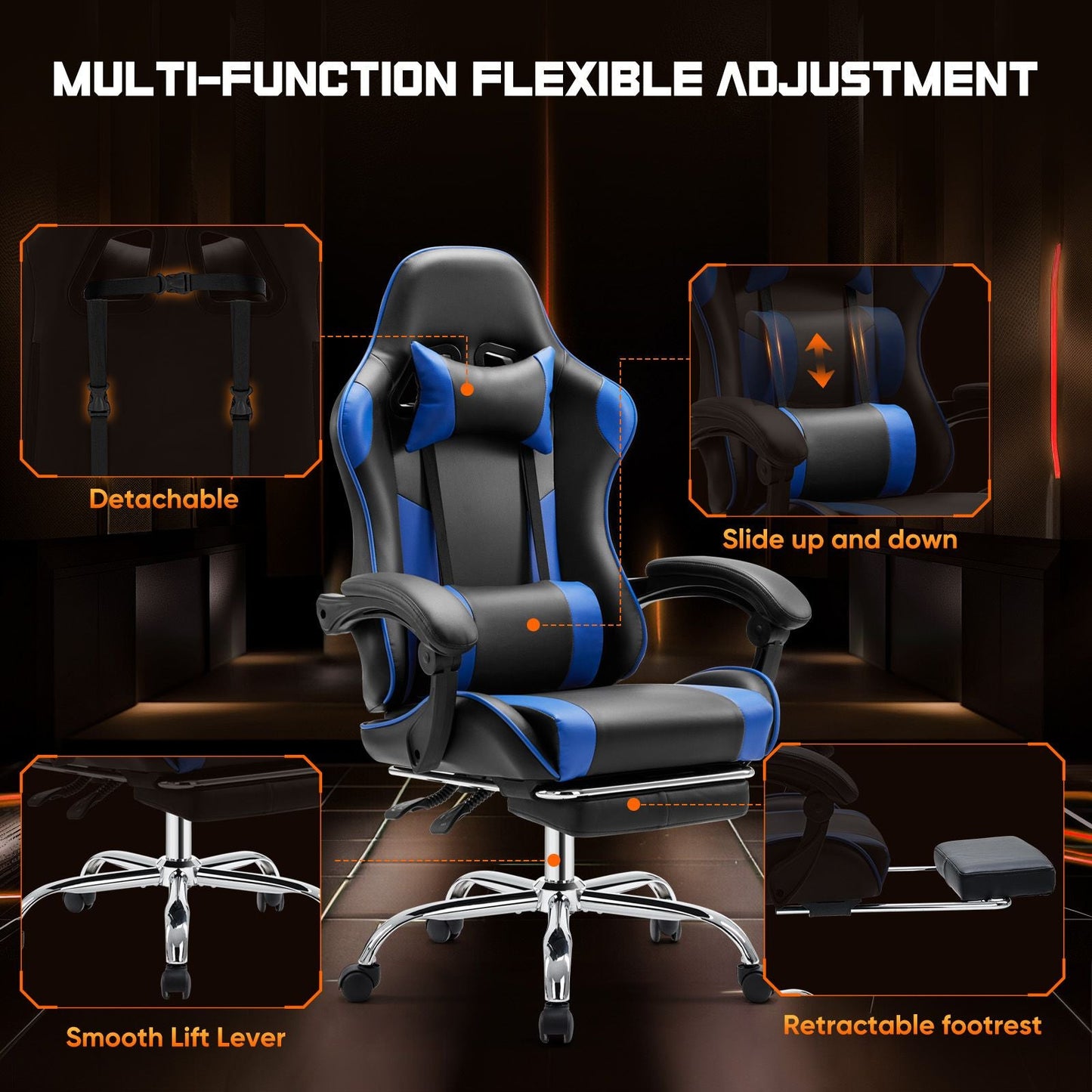 Video Game Desk Chair - Ergonomic Computer with Footrest and Comfy Lumbar Support, PU Leather Recliner with Headrest, Fixed Up Armrest, Height Adjustable with 360° Swivel, for Adults, Blue